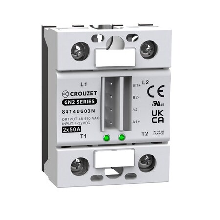 Crouzet SSR, GN2, 2-Channel, Panel Mount, 50A, IN 4-32 VDC, OUT 660 VAC, Zero Cross, 5PK 84140603N