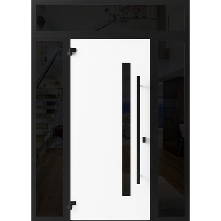 Vdomdoors Front Exterior Prehung Steel Door Ronex0144 Grey 2 Sidelight and Transom Window Sidelite Entry RONEX0144EXD-GRE-W12+36+12 X H80+16-RH-I