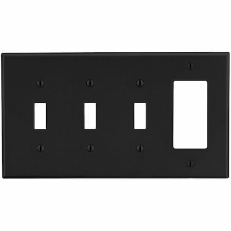 Hubbell Wiring Device-Kellems Wallplate, 4-Gang, 3) Toggle 1) Decorator, Black P326BK