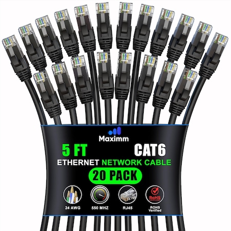 Maximm Cat6 Ethernet Cable 5ft 10Gbps 550MHz UTP, 20PK, Black, 20PK CAT6CCA-5BK-20PK