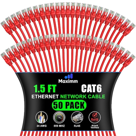 Maximm Cat6 Ethernet Cable 1.5ft 10Gbps 550MHz UTP, 50PK, Red, 50PK CAT6CCA-1.5RD-50PK