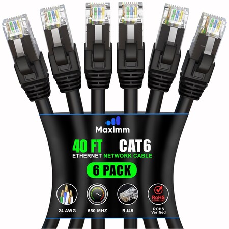 Maximm Cat6 Ethernet Cable 40ft 10Gbps 550MHz UTP, 6PK, Black, 6PK CAT6CCA-40FTBLACK-6PK