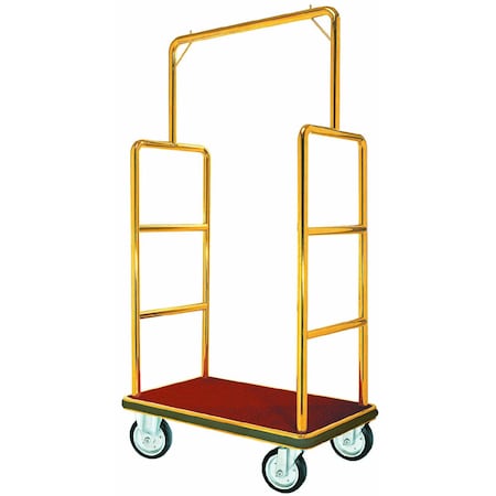 Aarco Bellman's Luggage Cart, 1 1/2'' Tubing, 6'' Solid Wheels, Brass, 42''Lx24''Wx72''H LC-1B