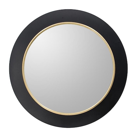 Homeroots 32" Black And Gold Lighted Round Metal Framed Accent Mirror 485026