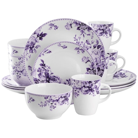 Elama Traditional Purple Rose 16 Piece Stoneware Dinnerware Set EL-PURPLE-ROSE