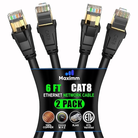 Maximm 6ft Cat8 Ethernet Cable with Gold-Plated RJ45 Connector, 2PK, Black, 2PK C8-6FT-BLACK-2PK