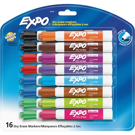 Sanford EXPO, LOW-ODOR DRY-ERASE MARKER, BROAD CHISEL TIP, ASSORTED COLORS, 16 Pieces 81045