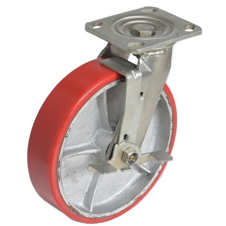 Vestil Polyurethane Swivel With Brake Caster 8 In. Diameter x 2 In. Width 882 Lb. Capacity Red CST-PU-8X2-S-BR