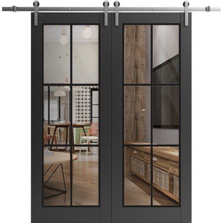 Sartodoors Sturdy Double Barn Door, Lucia 2366 Matte Black with Clear Glass and Aluminum Strips, 13FT Rail Ha LUCIA2366DB-S-BLK-36 x 80