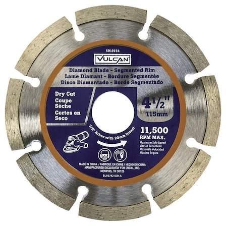 Vulcan Diamond Blade, 4.5 in Dia, 7/8 in Arbor, Synthetic Industrial Diamond and 2% Cobalt Cutting Edge 937421OR