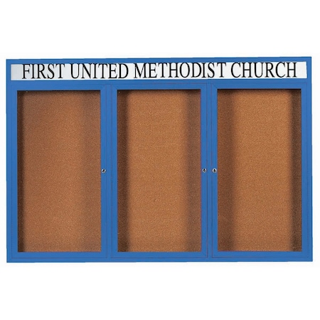 Aarco Enclosed Natural Pebble Grain Cork Bulletin Board w/ Header Blue Powder Coated Al Frame, 48''Hx72''W DCC4872-3RHB