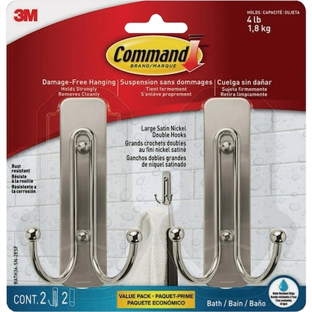 Command Large Double Bath Hook Satin Nickel 2 Hooks 2 Strips BATH36-SN-2ESF