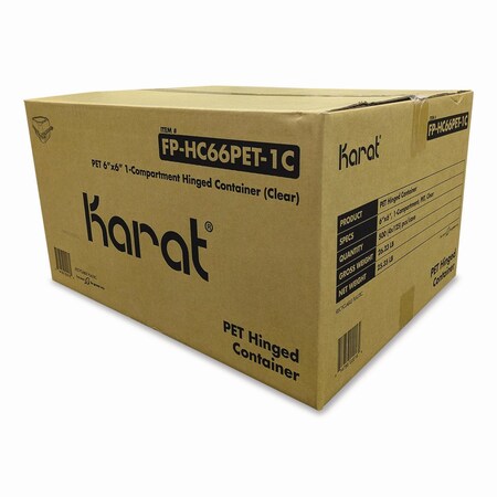 Karat PET Plastic Hinged Container, 6 x 6 x 3.3, Clear, Plastic, 500PK FP-HC66PET-1C