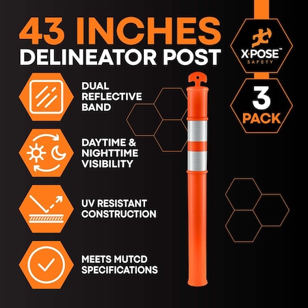 Xpose Safety 3 Pack 42in T-Top Orange Traffic Delineator Post, 3PK DLT-ORG-42-3-X-S