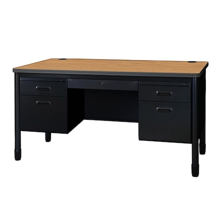 Regency Steel Double Pedestal Teacher's Office Desk, Center Drawer 60inx30in, Medium Oak Top, Black Base 66266DPCDMOBK