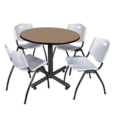 Regency Round Kobe Breakroom Table W/ 4 M Stack Chairs, 36 in W, 36 in L, Noble Oak TKB36RNDNO47GY
