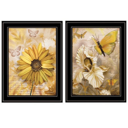 Homeroots Set Of Two Flowers and Butterflies 2 Black Framed Print Wall Art, 2PK 407178