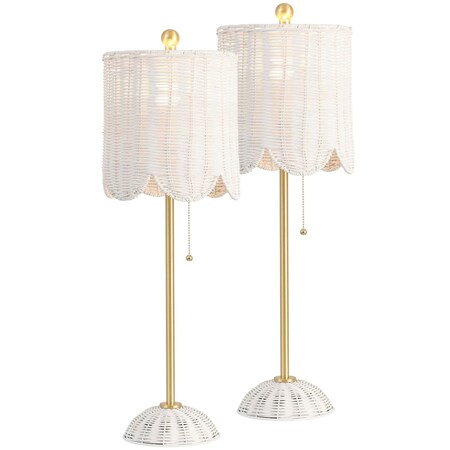 Jonathan Y Celerie 27.5" Coastal Bohemian Rattan/Iron Scalloped Buffet LED Table Lamp w/Pull Chain, White/B, 2PK JYL1138B-SET2