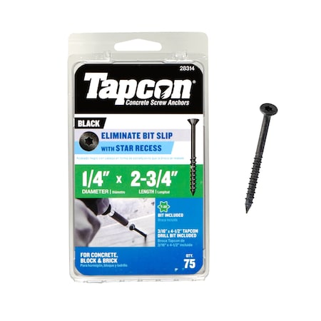 Tapcon 1/4 x 2-3/4 in Black Star Head Concrete Anchors Climaseal Coating, Star Drive, w/Drill Bit, 75PK 28314