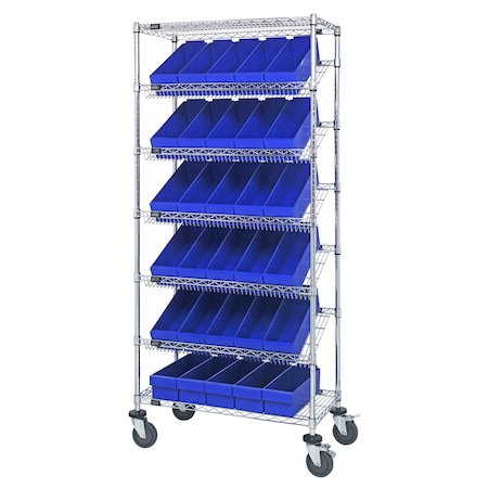 Quantum Storage Systems WIRE SHELVING UNIT W/30 BLUE BINS MOBILE MWRS-7-602BL
