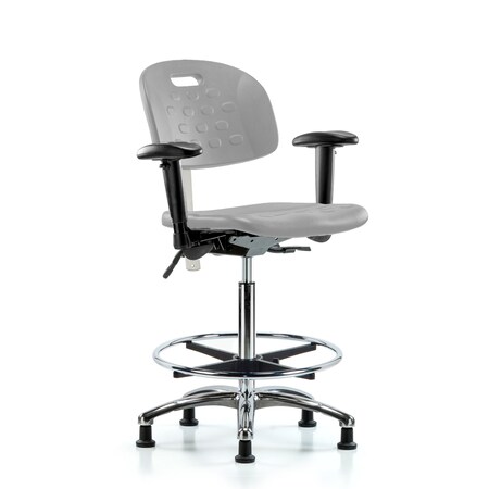Blue Ridge Ergonomics CL100CleanRoom Chair-High Bench Ht with Adj Arms, Chrome Foot Ring, & Stationary Glides in Gray Poly CLR-HPHBCH-CR-T0-A1-CF-RG-GRY
