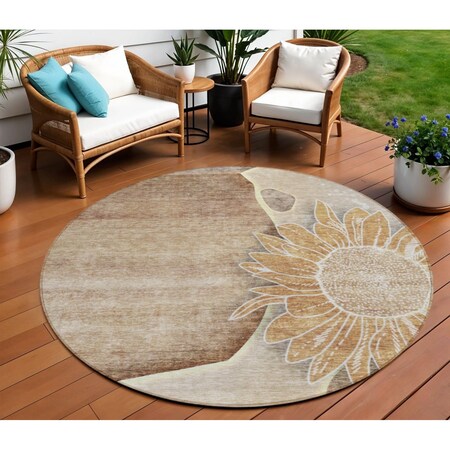 Homeroots 8' Brown Beige And Taupe Round Floral Washable Indoor Outdoor Area Rug 582238
