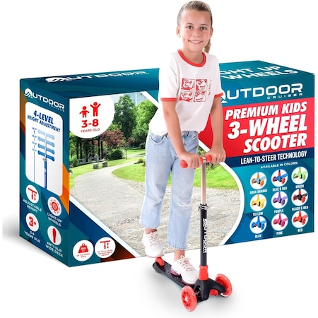 Outdoorcruiser Outdoor Cruiser 3-Wheel Kids Scooter, Lean-to-Steer, LED Wheels, Adjustable T-Bar, Black/Red OCKSBR657