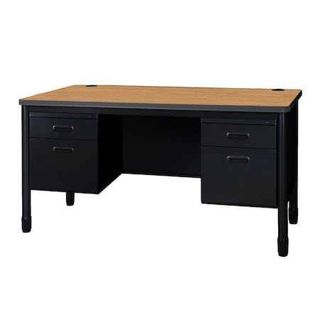 Regency Mesa Steel Double Pedestal Teacher's Office Desk 60in x 30in, Medium Oak Top, Black Base 66266DPMOBK