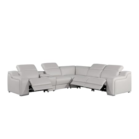 Homeroots Light Gray Italian Leather Power Reclining Curved Six Piece Corner Sectional With Console 544988