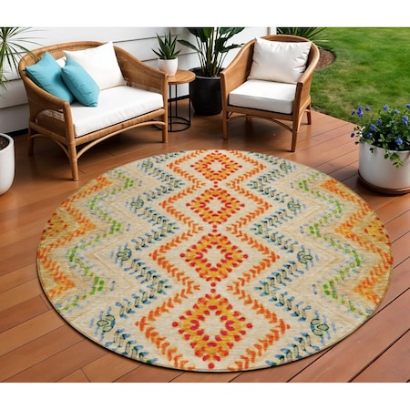 Homeroots 8' Beige Orange And Red Round Geometric Washable Indoor Outdoor Area Rug 581523