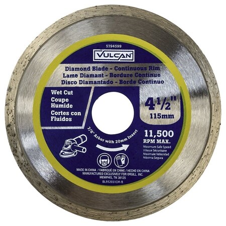 Vulcan 932031OR Continuous Diamond Blade, 4-1/2 in Dia, 7/8 in Arbor PTA250502/932031O