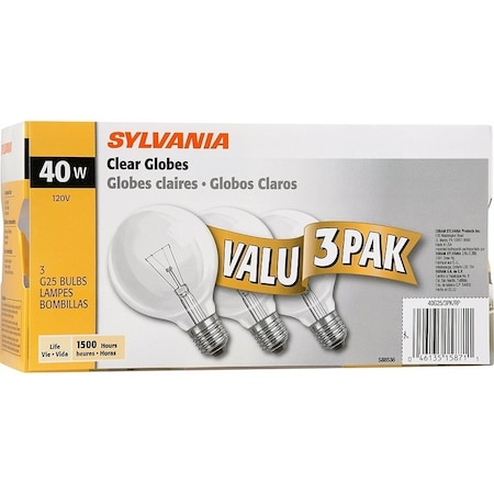 Sylvania Incandescent Lamp, 40 W, G25 Lamp, Medium Lamp Base, 300 Lumens, 2850 K Color Temp, 1500 hr Average Life 15871