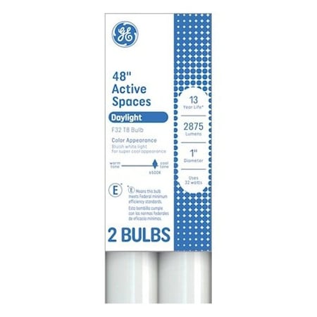 Ge Tube Light Bulb, 32 W, T8 Linear Lamp, G13 Bi-Pin Lamp Base, 2900 Lumens, 6500 K Color Temp, PK2 93130669