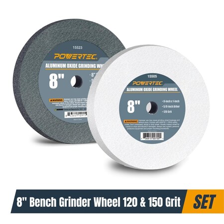 Powertec White Aluminum Oxid Bench Grinder Wheel 8 in 120 & 150 Grit, 1 in Thick 5/8 in Arbor, 2PK 15554