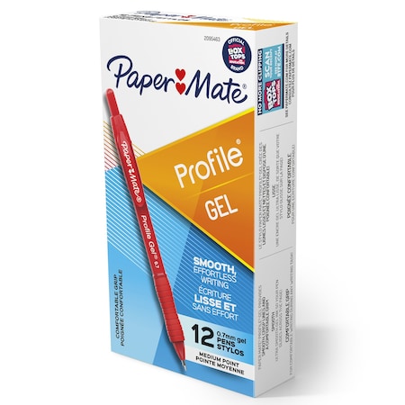 Paper Mate Gel Pen, Profile Retractable Pen, 0.7mm, Red, 12PK 2095463