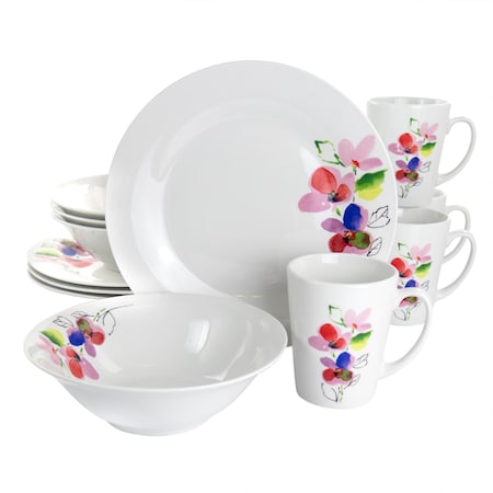 Gibson Home Vineyard Rose 12 Piece Round Fine Ceramic Dinnerware Set in White 124411.12