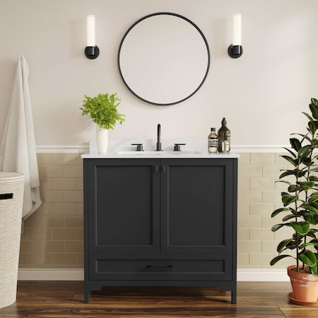 Flash Furniture Haven 36in. Vanity w/Sink, Storage Cabinet w/Blk Hardware, Bottom Drawer, Marble Countertop, Blk FS-BN-4-36-KD-BK-HDBLK-GG