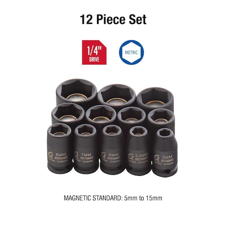 Sunex 1/4" Drive Magnetic Impact Socket Set, Metric, 12 pcs 1822