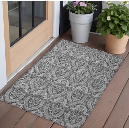 Homeroots 2' X 3' Gray Damask Washable Non Skid Indoor Outdoor Area Rug 563871