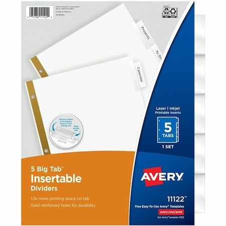 Avery Dennison Avery WorkSaver Big Tab Insertable Tab Divider, Print-on, 8.5"x11", 5 Tabs, White 11122