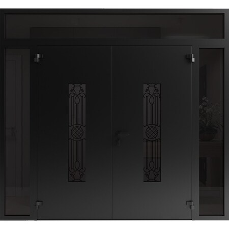 Vdomdoors Front Exterior Prehung Aluminum Double Doors Ronex1477 Black Enamel 2 Sidelights and Top Transom RONEX1477DEXD-BLK-W16+72+16xH80+16-RH-O