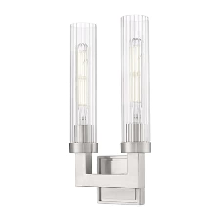 Z-Lite Beau 2 Light Wall Sconce, Brushed Nickel/Clear Ribbed, 8 In W 740-2S-BN