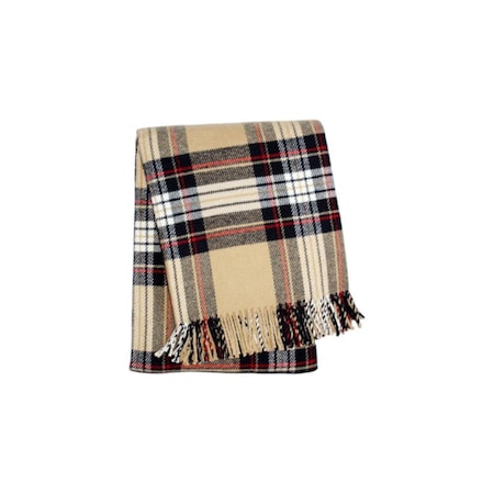 Homeroots 55" X 70" Camel Black Red And White Cotton Blend Plaid Throw Blanket with Fringe 702222