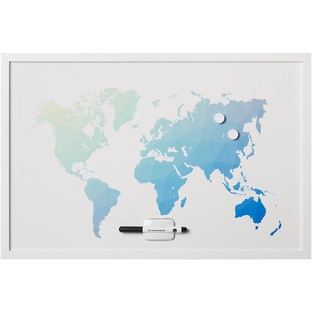 Mastervision World Map Magnetic Dry-Erase Board, White MDF Frame, 24" X 36" MM07450660
