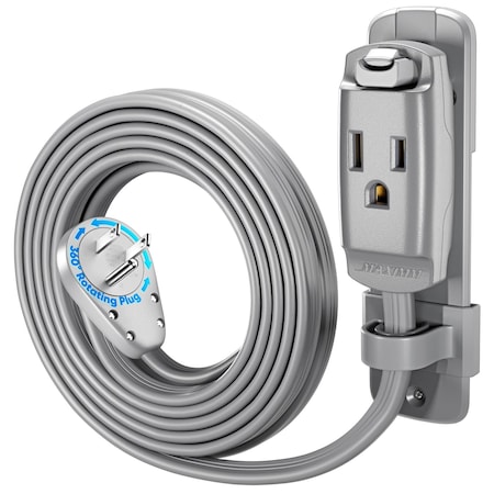 Maximm 15ft 14AWG Heavy Duty AC Extension Cord, 360 degrees Flat Plug, Gray ADW-S360-C6F15-14G0-WM