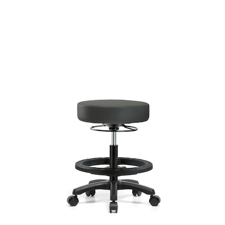 Blue Ridge Ergonomics Vinyl Mini-Stool - Medium Bench Height with Black Foot Ring & Casters in Charcoal Trailblazer Vinyl VMBMS-RG-BF-RC-8605