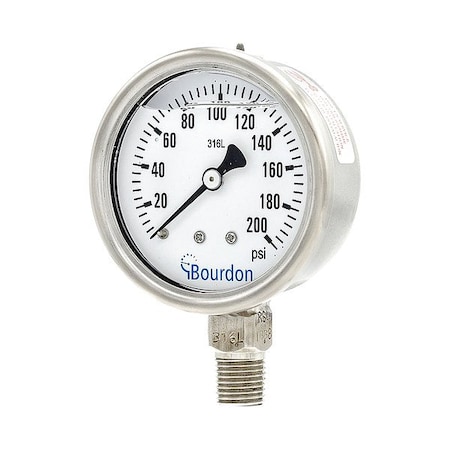 Bourdon Pressure Gauge, 0 to 200 psi, 2 1/2 in Dial, 1/4 in NPT, Bottom Location MEX3-D52.H23/0133