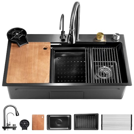 Serenelife Stainless Steel Kitchen Sink Black, Modern and Highly Durable Kitchen Sinks Includes Water Purifier SL7546BK