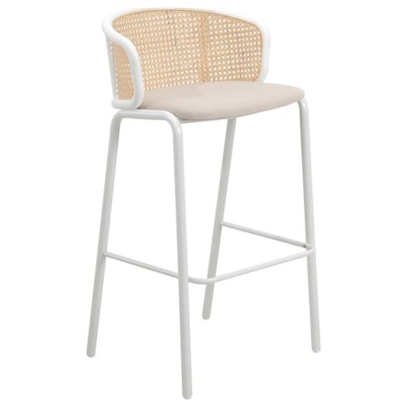 Leisuremod Ervilla Wicker Bar Stool with Fabric Seat and White Powder Coated Steel Frame, Beige EBW-31BG