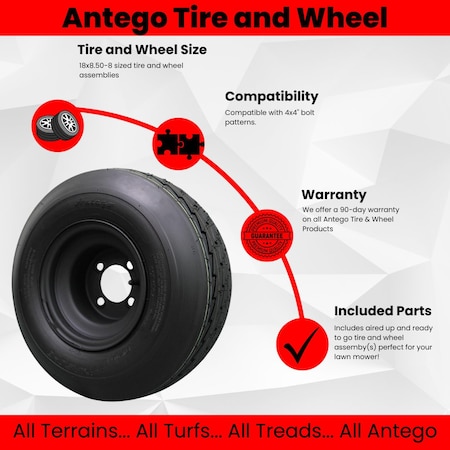 Antego 18x8.50-8 with 8x7 Matte Black Wheel Assembly for Golf Cart & Lawn Mower Single A870100904188508